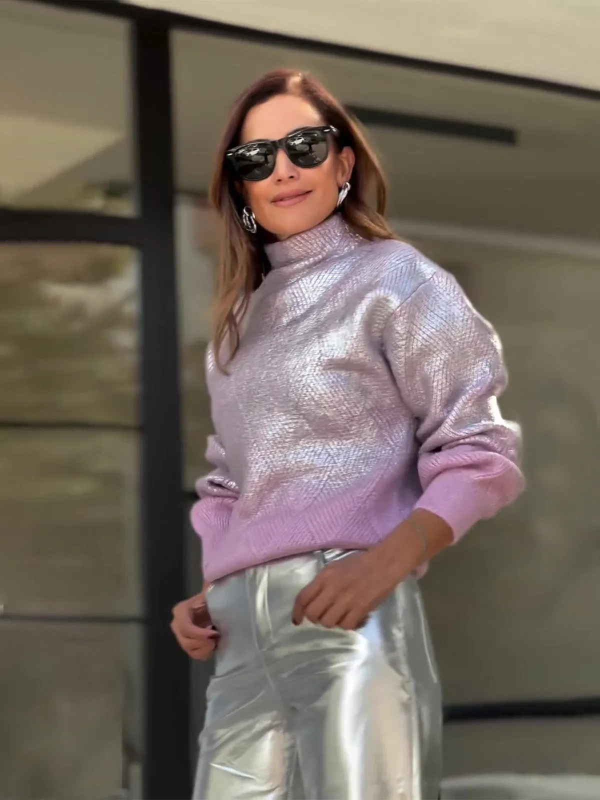 Shimmering High-Neck Plaid Knit Pullover for Chic Everyday Style