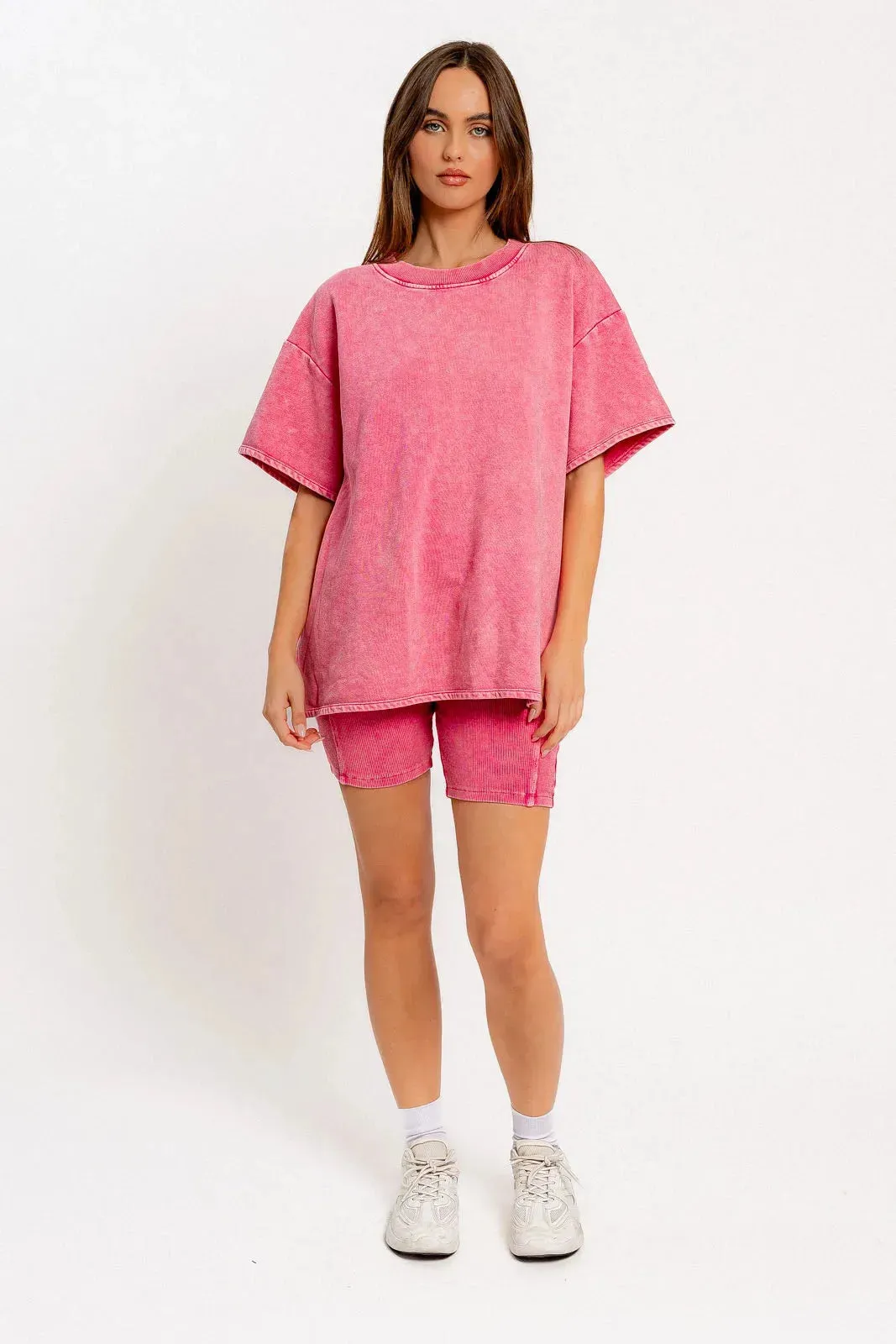 Short Sleeve Crew Neck Washed Oversized Basic Tunic Top