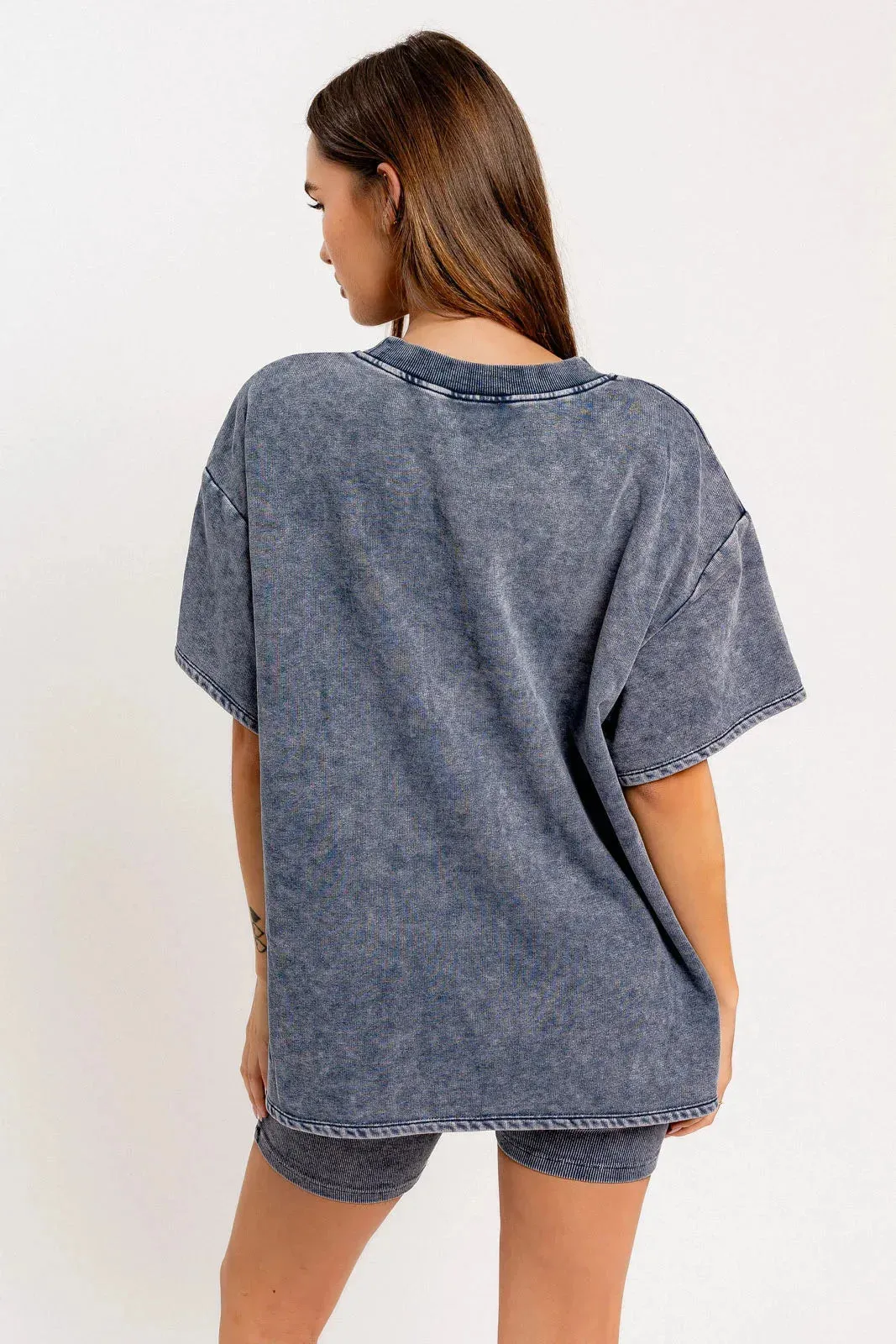Short Sleeve Crew Neck Washed Oversized Basic Tunic Top