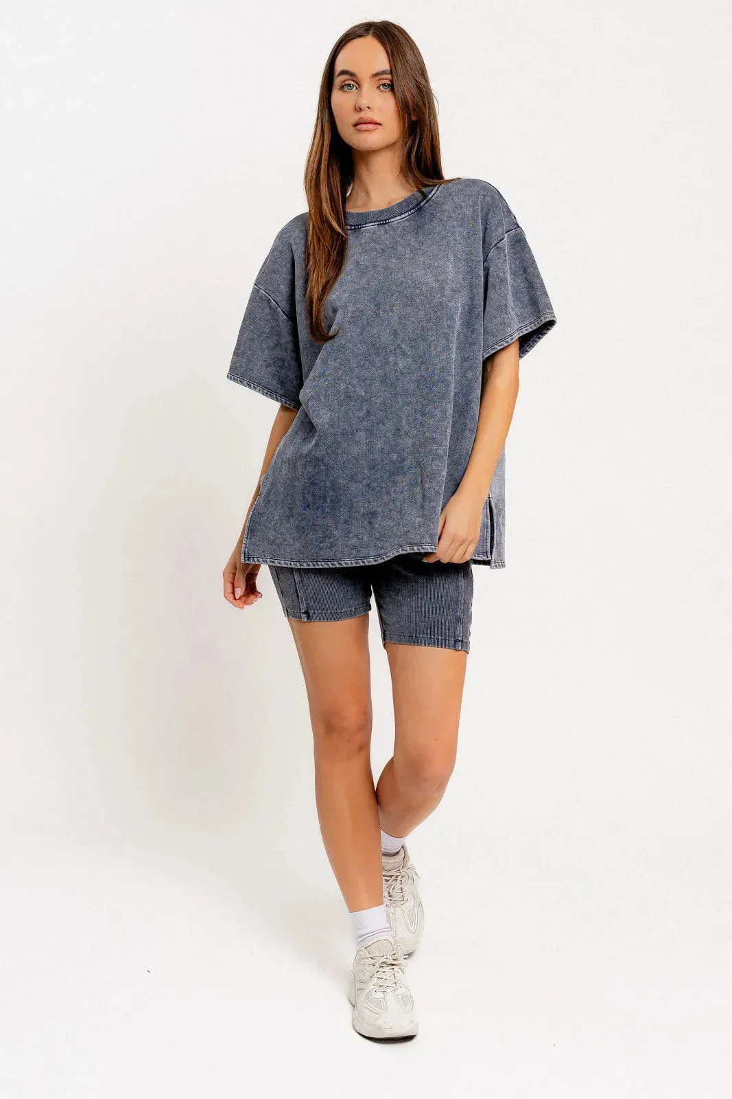 Short Sleeve Crew Neck Washed Oversized Basic Tunic Top