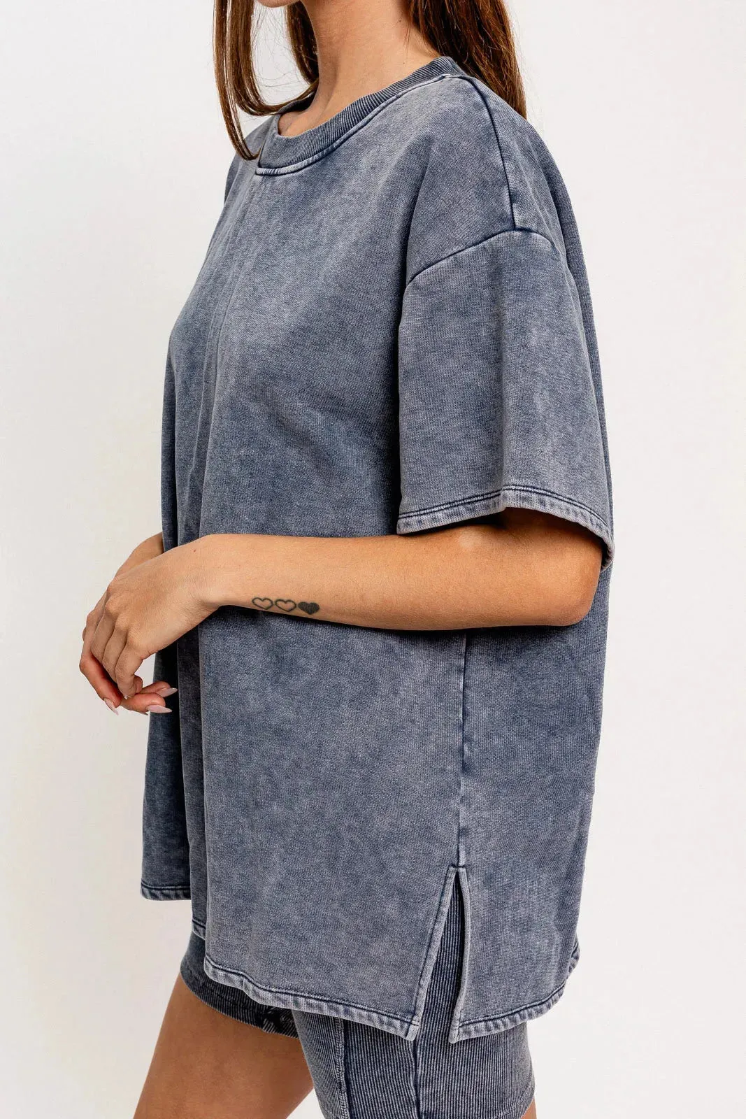 Short Sleeve Crew Neck Washed Oversized Basic Tunic Top