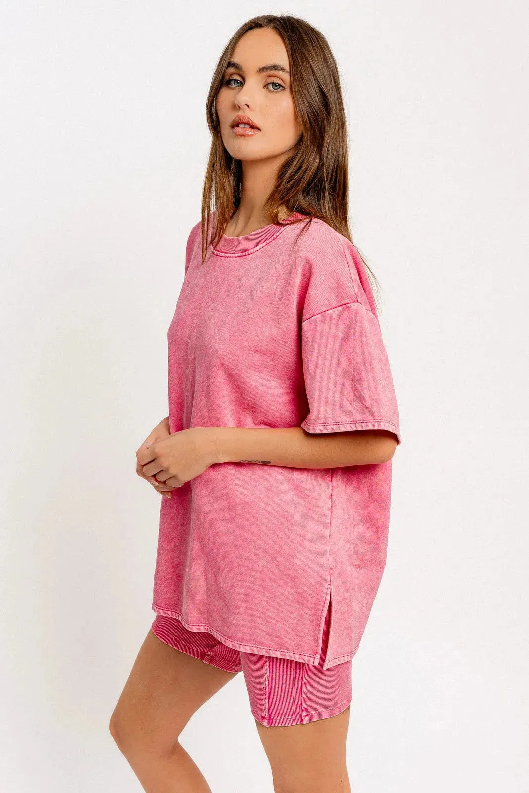 Short Sleeve Crew Neck Washed Oversized Basic Tunic Top