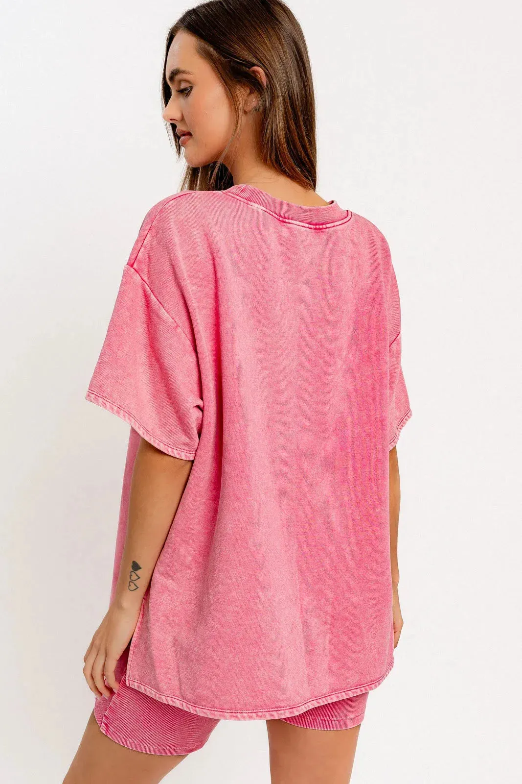 Short Sleeve Crew Neck Washed Oversized Basic Tunic Top