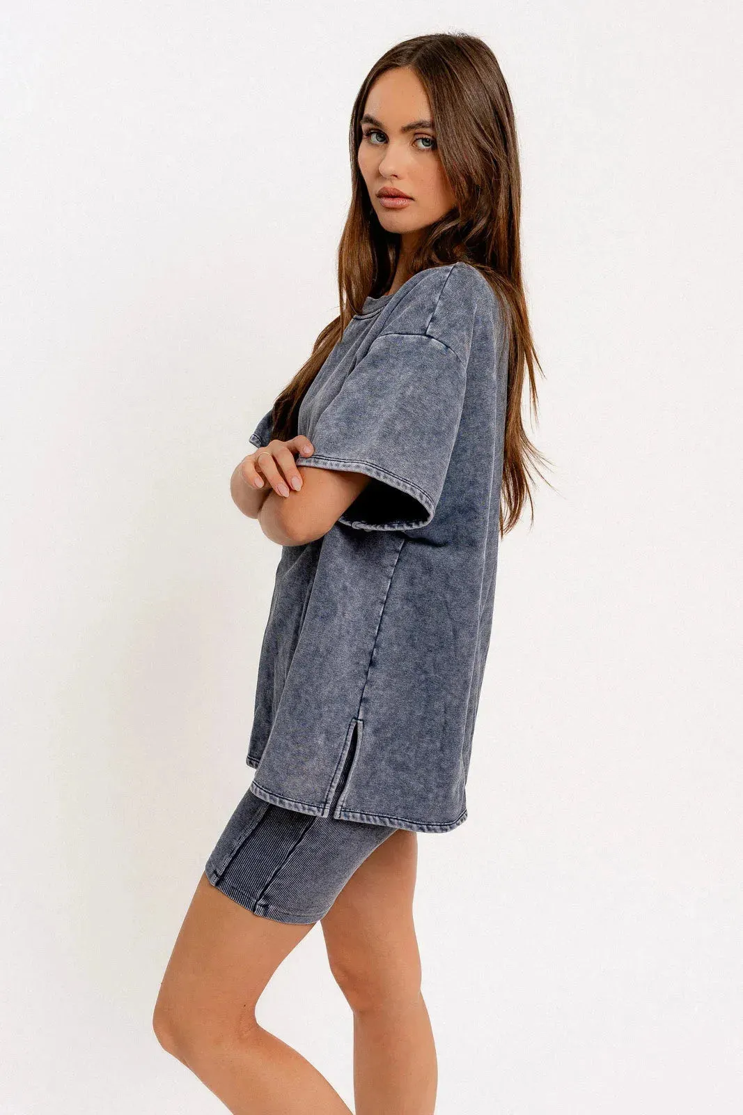 Short Sleeve Crew Neck Washed Oversized Basic Tunic Top