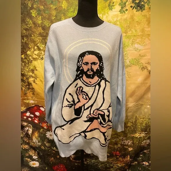 Shroom Beach Meditating Jesus Sweater, Blue, Medium, EUC