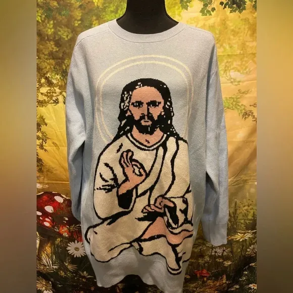 Shroom Beach Meditating Jesus Sweater, Blue, Medium, EUC