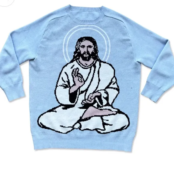 Shroom Beach Meditating Jesus Sweater, Blue, Medium, EUC