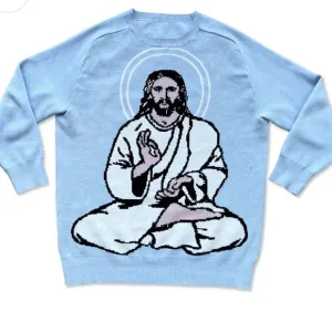 Shroom Beach Meditating Jesus Sweater, Blue, Medium, EUC