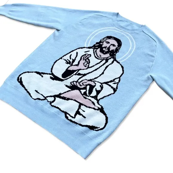 Shroom Beach Meditating Jesus Sweater, Blue, Medium, EUC