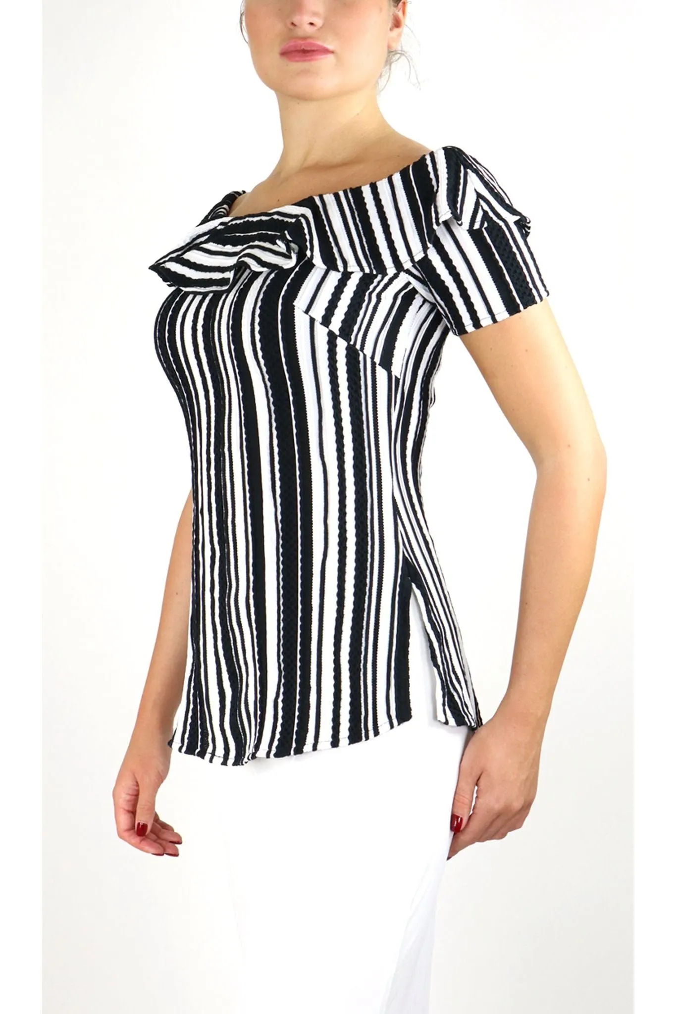 SIBEL Ruffled Neckline Off Shoulder Short Sleeves Textured Knit Top