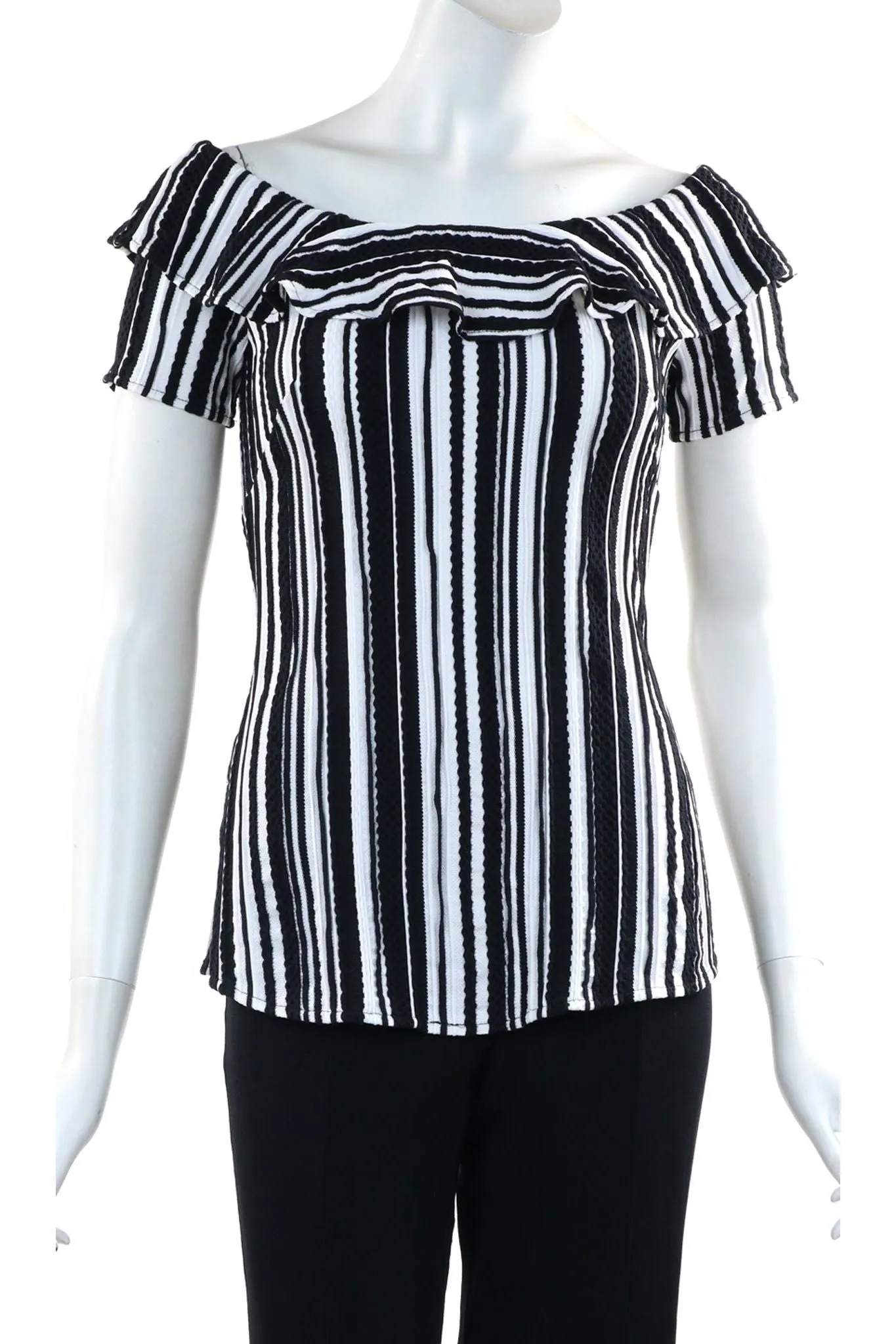 SIBEL Ruffled Neckline Off Shoulder Short Sleeves Textured Knit Top