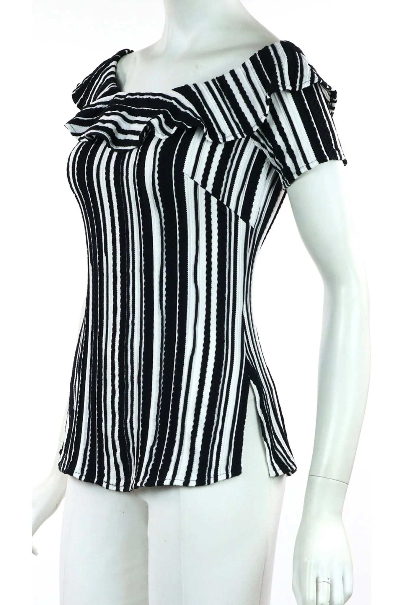 SIBEL Ruffled Neckline Off Shoulder Short Sleeves Textured Knit Top