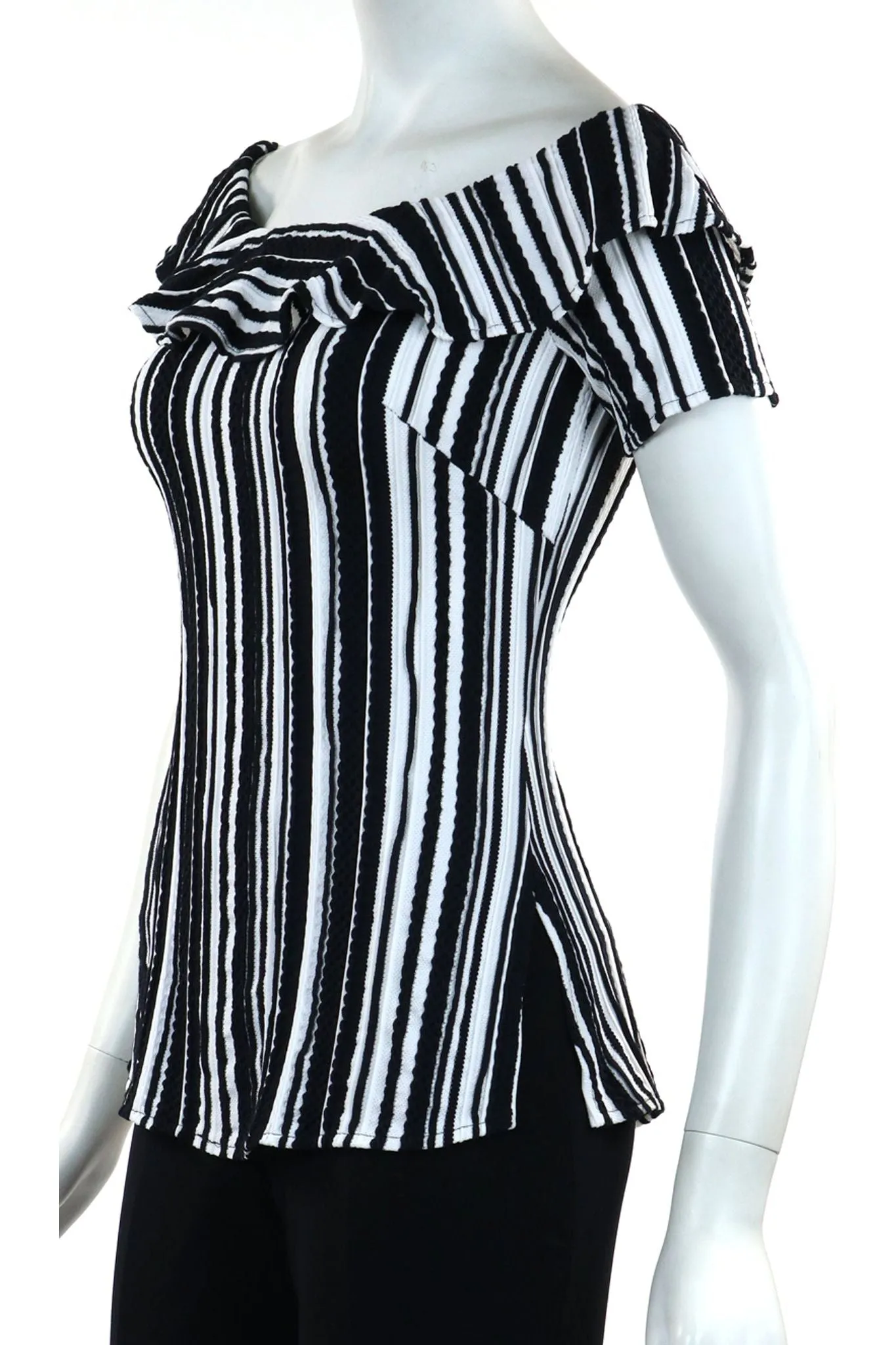 SIBEL Ruffled Neckline Off Shoulder Short Sleeves Textured Knit Top