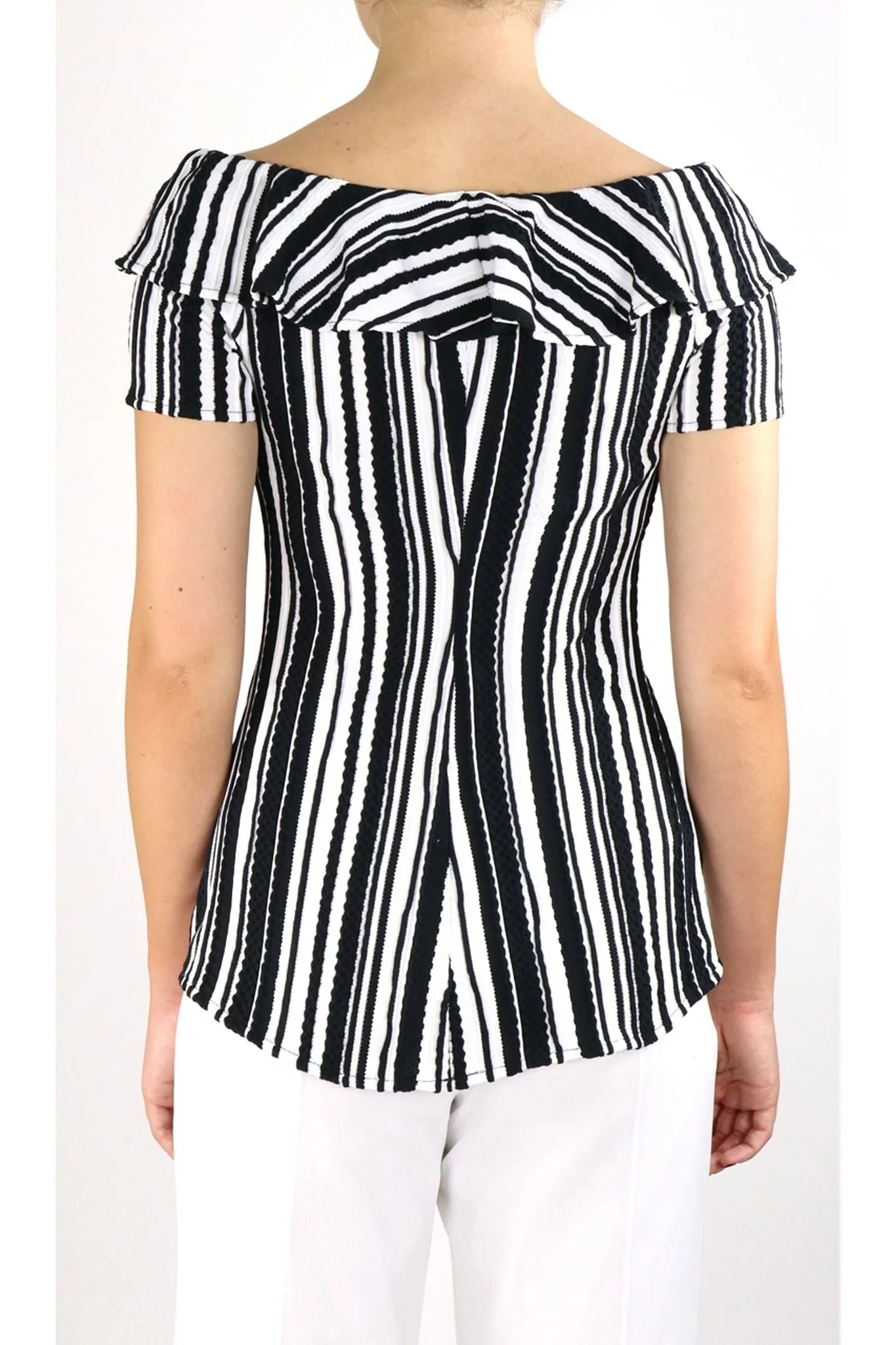 SIBEL Ruffled Neckline Off Shoulder Short Sleeves Textured Knit Top