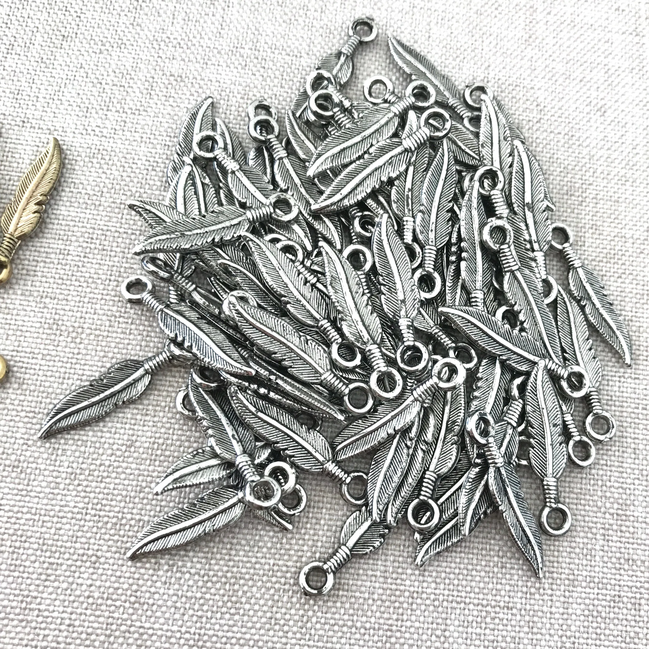 Silver and Gold Plated Feather Charms - Silver Plated, Gold Plated - 22mm - Feathers - Package of 31 Gold and 82 Silver Charms