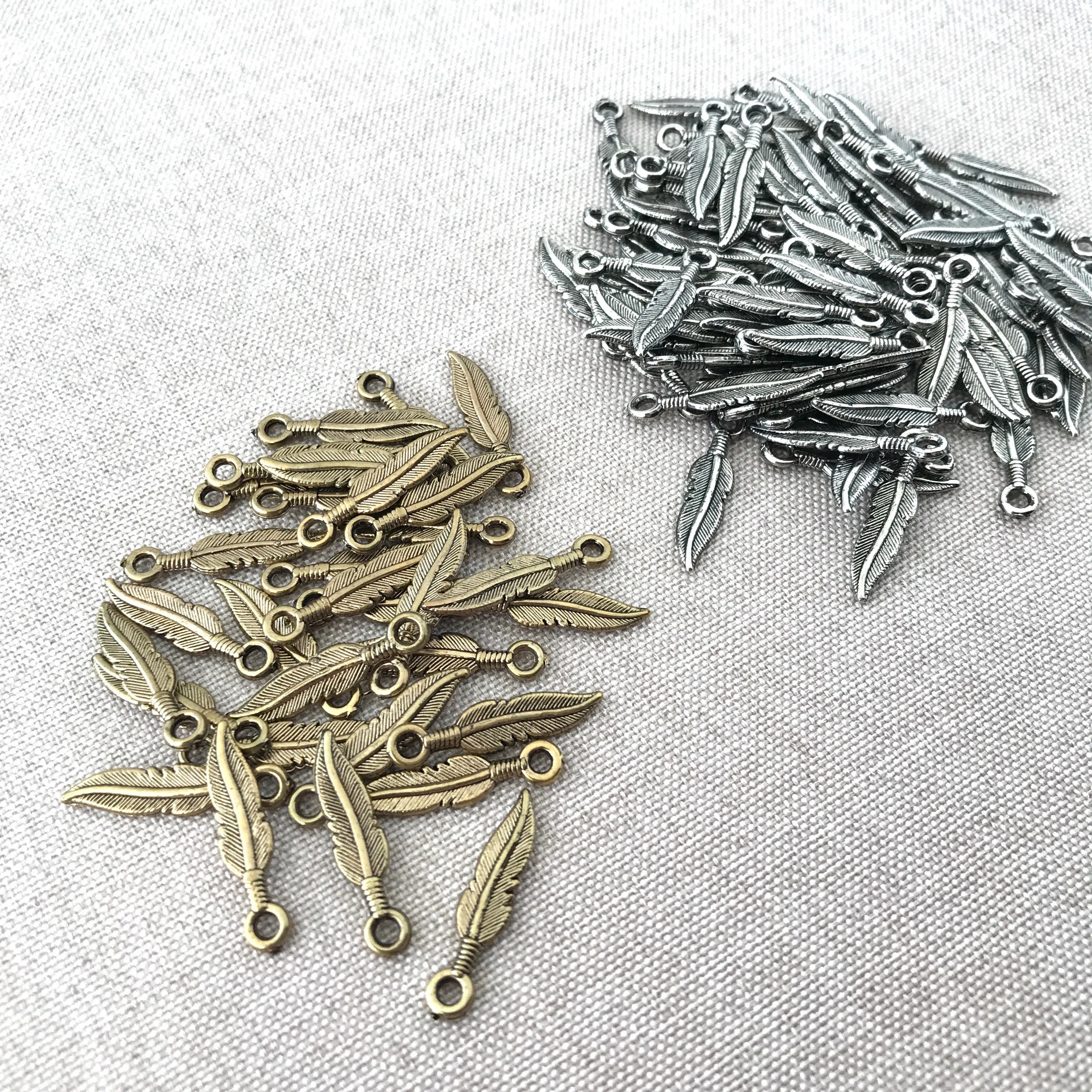 Silver and Gold Plated Feather Charms - Silver Plated, Gold Plated - 22mm - Feathers - Package of 31 Gold and 82 Silver Charms