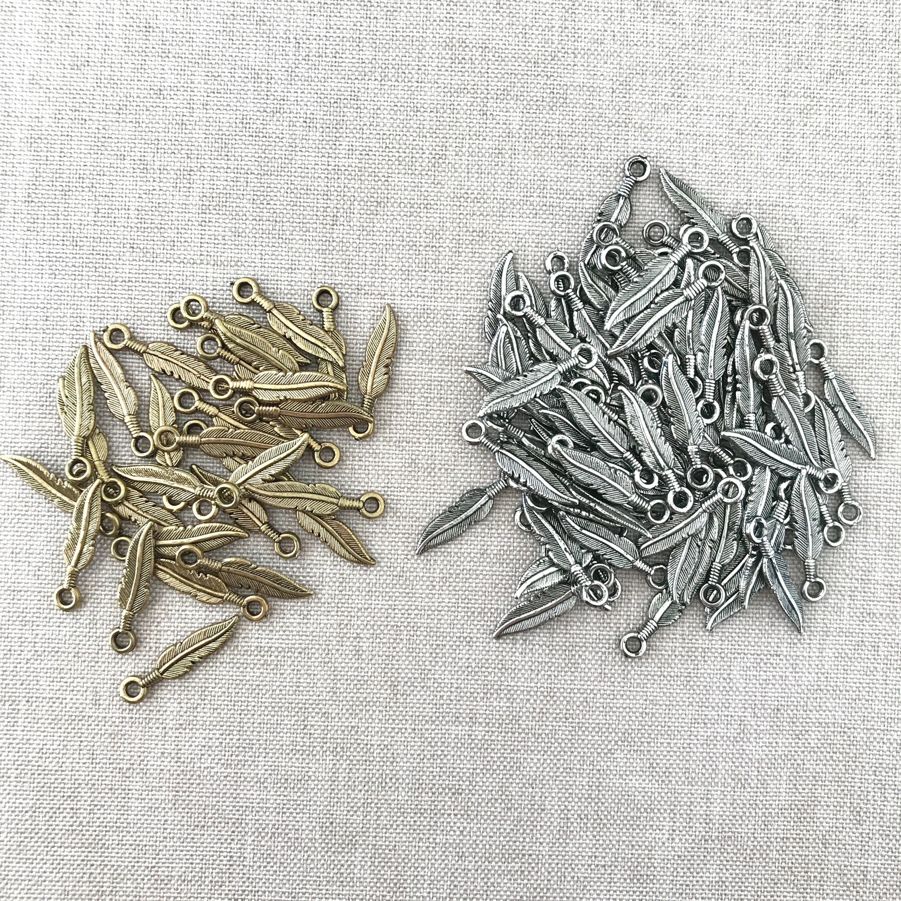 Silver and Gold Plated Feather Charms - Silver Plated, Gold Plated - 22mm - Feathers - Package of 31 Gold and 82 Silver Charms