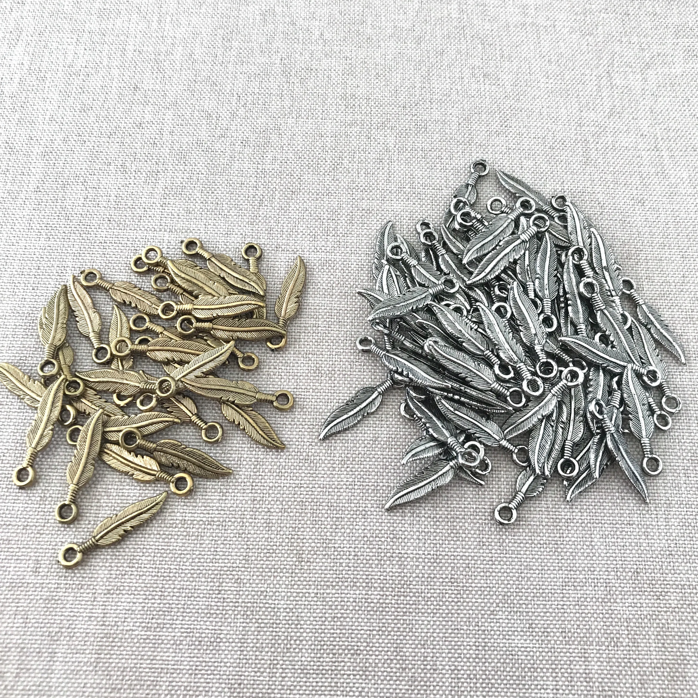 Silver and Gold Plated Feather Charms - Silver Plated, Gold Plated - 22mm - Feathers - Package of 31 Gold and 82 Silver Charms