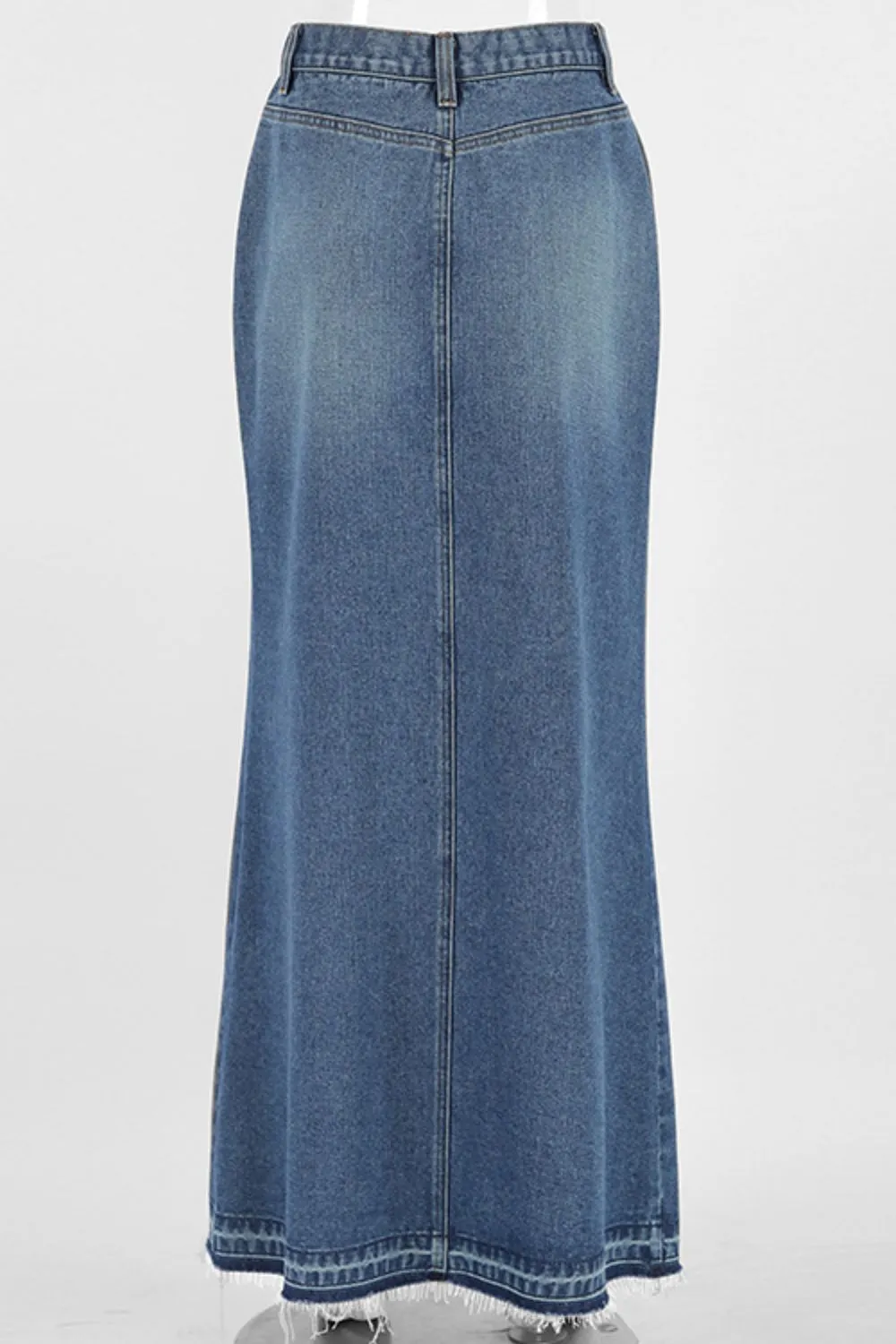 Slit Front Raw Hem Denim Maxi Skirt WH