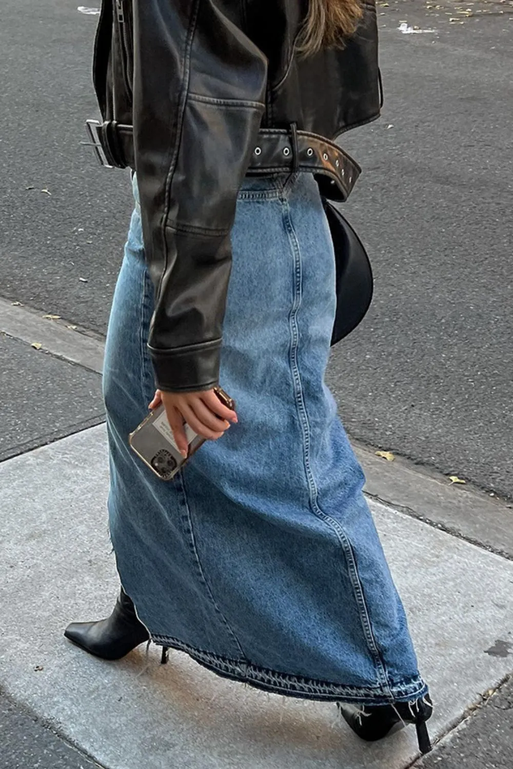 Slit Front Raw Hem Denim Maxi Skirt WH