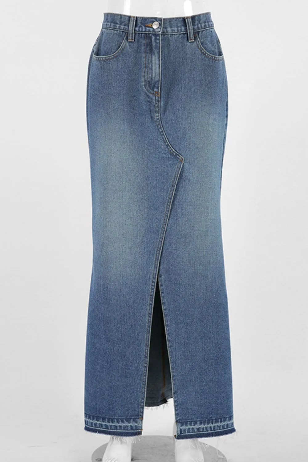Slit Front Raw Hem Denim Maxi Skirt WH