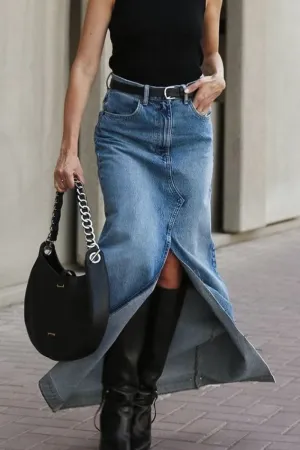 Slit Front Raw Hem Denim Maxi Skirt WH