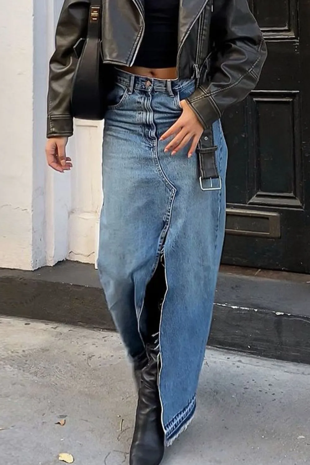Slit Front Raw Hem Denim Maxi Skirt WH