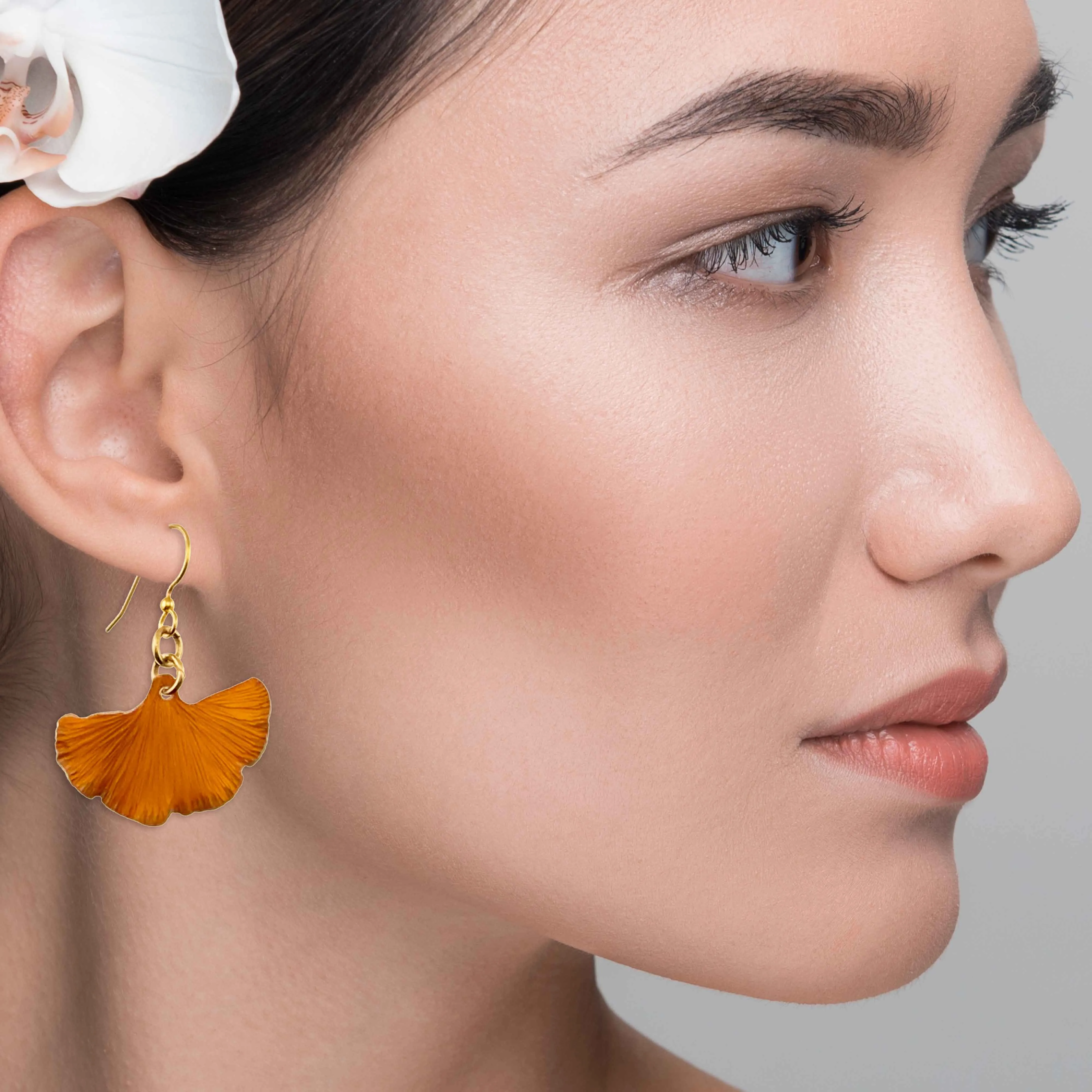 Small Orange Anodized Aluminum Ginkgo Leaf Earrings