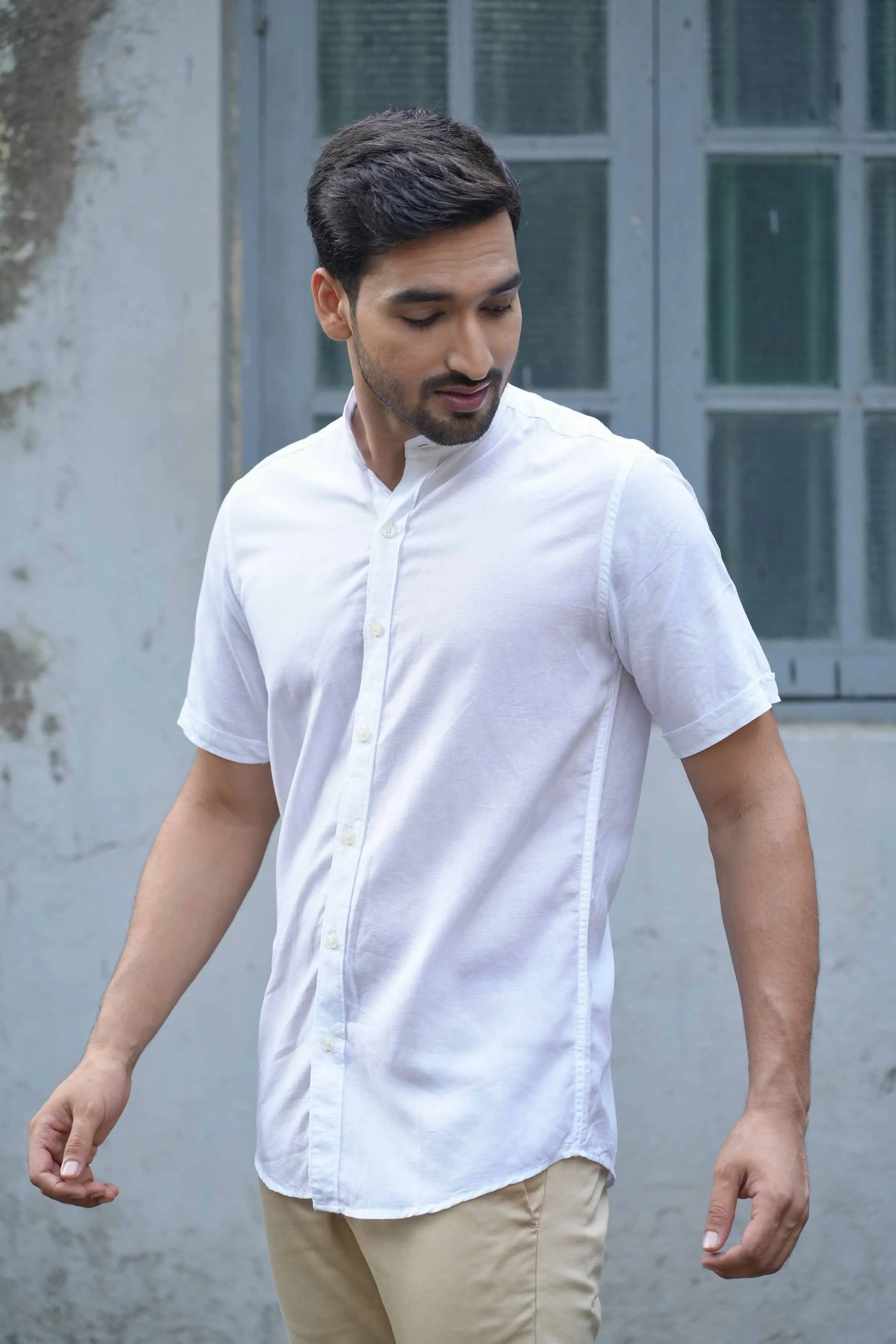 Snow White · Half Sleeve Mandarin Collar Shirt