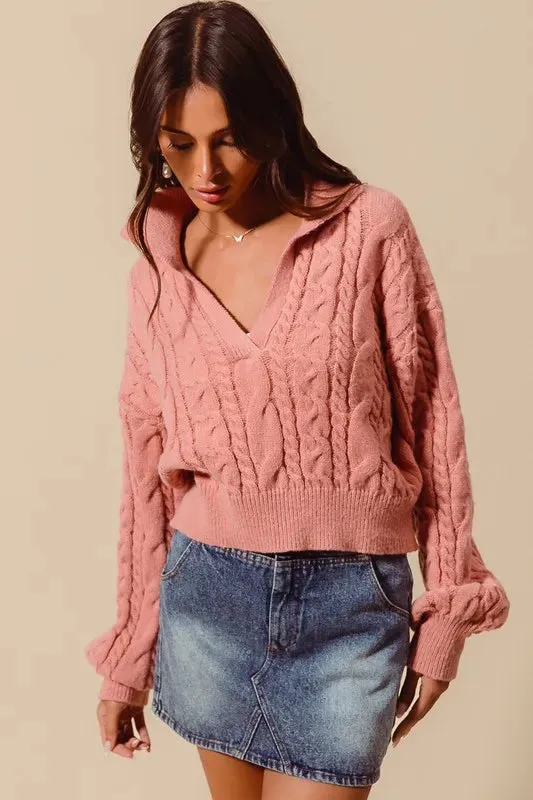 SO ME Cable Knit Deep V Neck Crop Swetaer Top