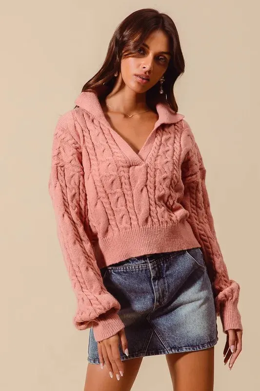 SO ME Cable Knit Deep V Neck Crop Swetaer Top