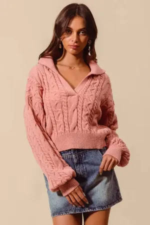 SO ME Cable Knit Deep V Neck Crop Swetaer Top