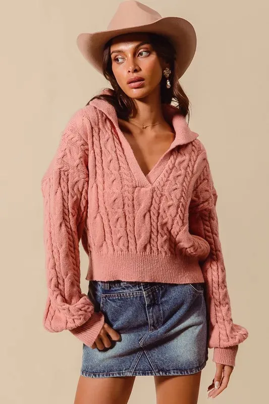 SO ME Cable Knit Deep V Neck Crop Swetaer Top