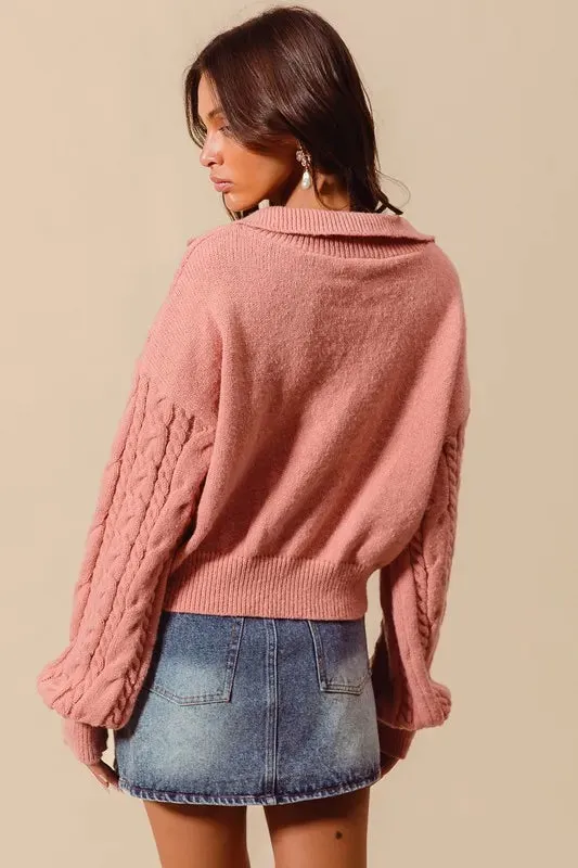 SO ME Cable Knit Deep V Neck Crop Swetaer Top