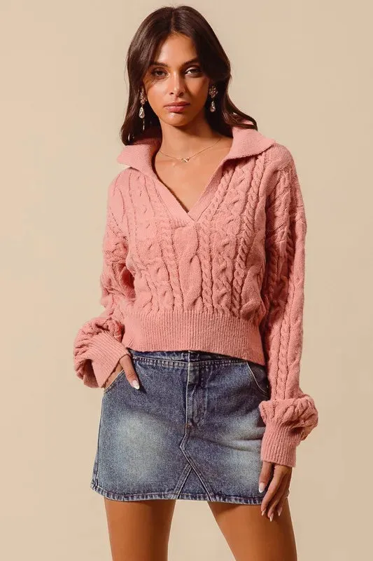 SO ME Cable Knit Deep V Neck Crop Swetaer Top