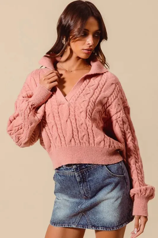 SO ME Cable Knit Deep V Neck Crop Swetaer Top