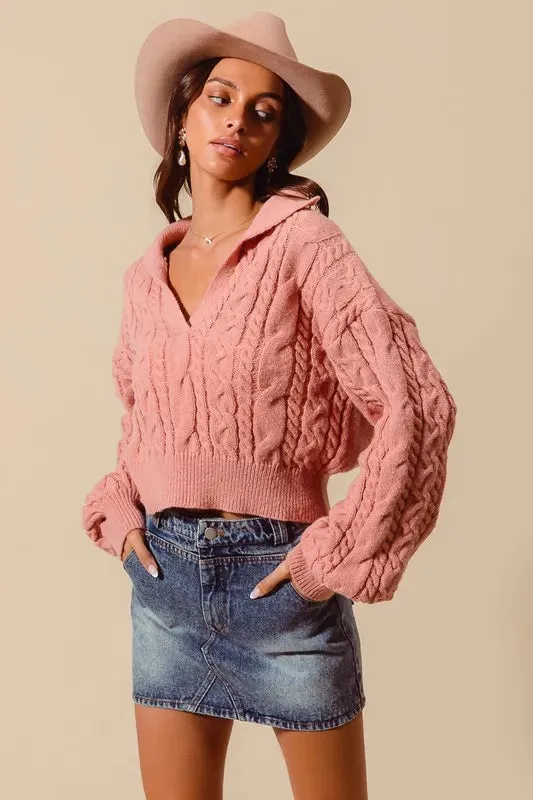 SO ME Cable Knit Deep V Neck Crop Swetaer Top