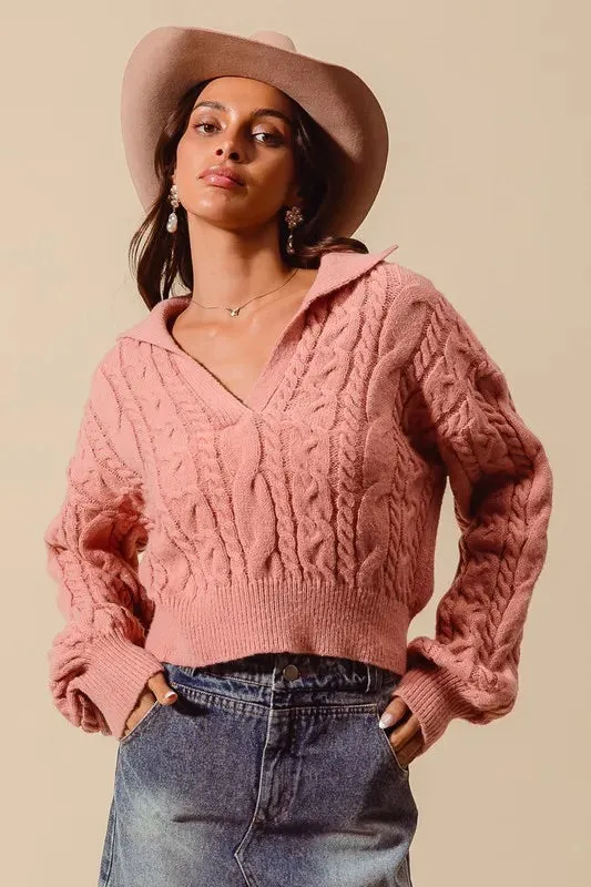 SO ME Cable Knit Deep V Neck Crop Swetaer Top