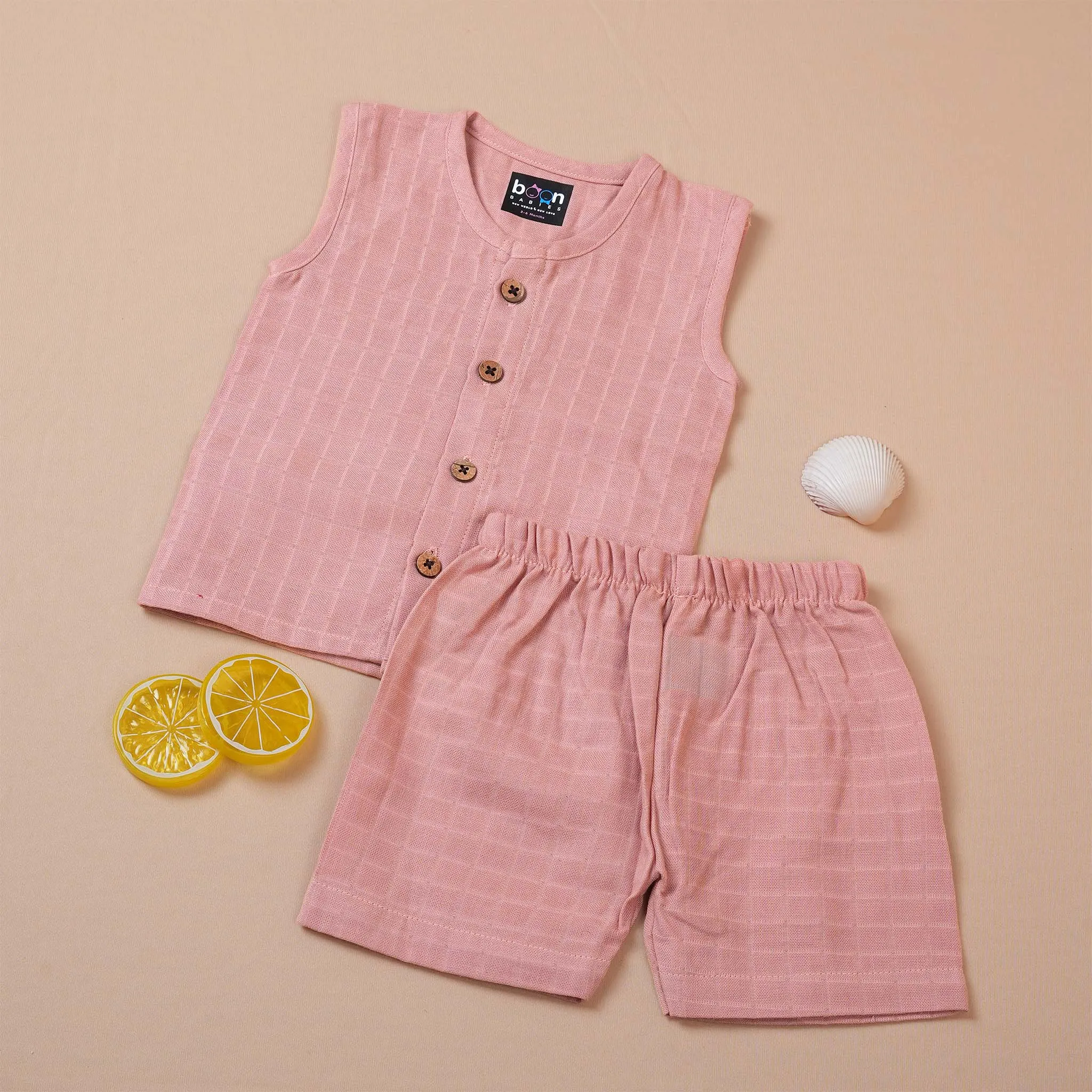 Soft Blush Peach Muslin Baby Jabla & Shorts Set – Breathable & Cozy