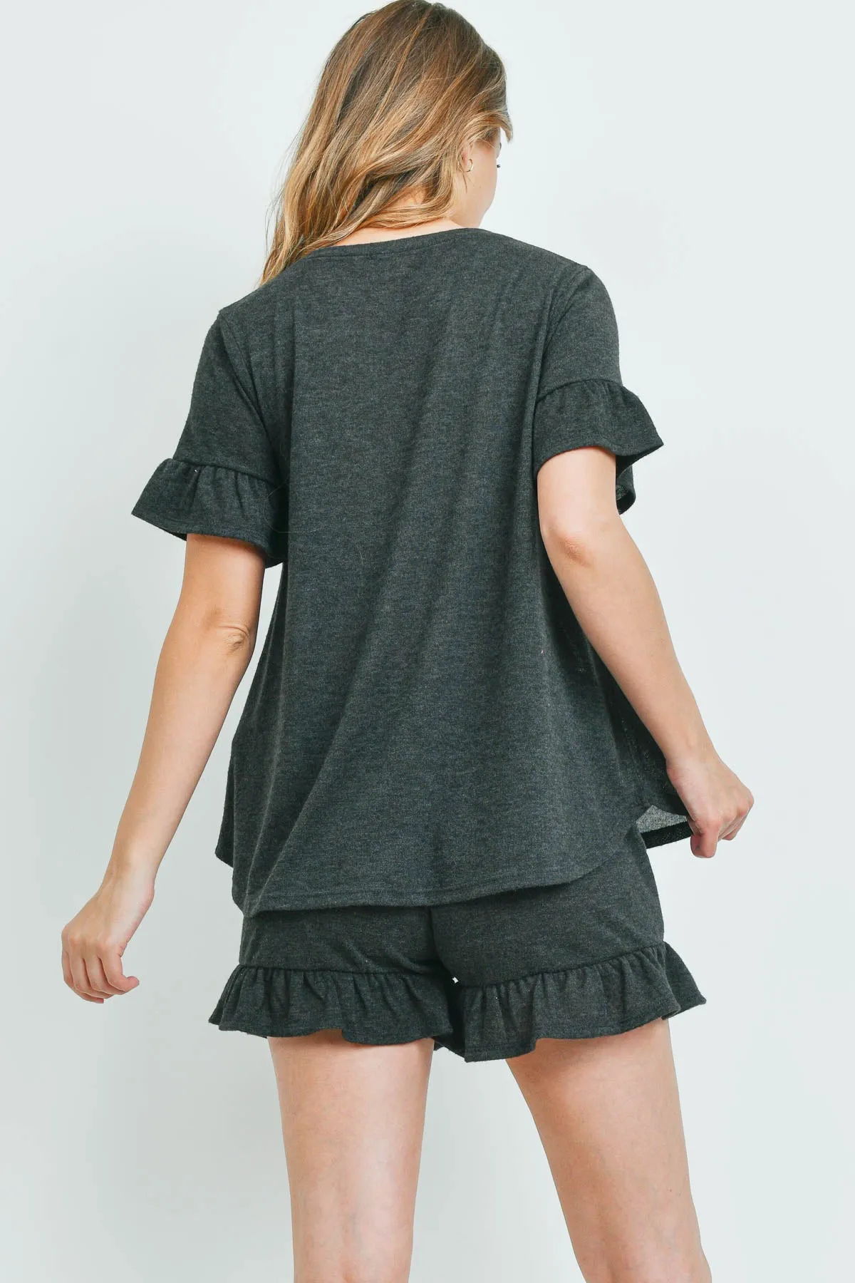 Solid Ruffle Top and Shorts Set With Self Tie