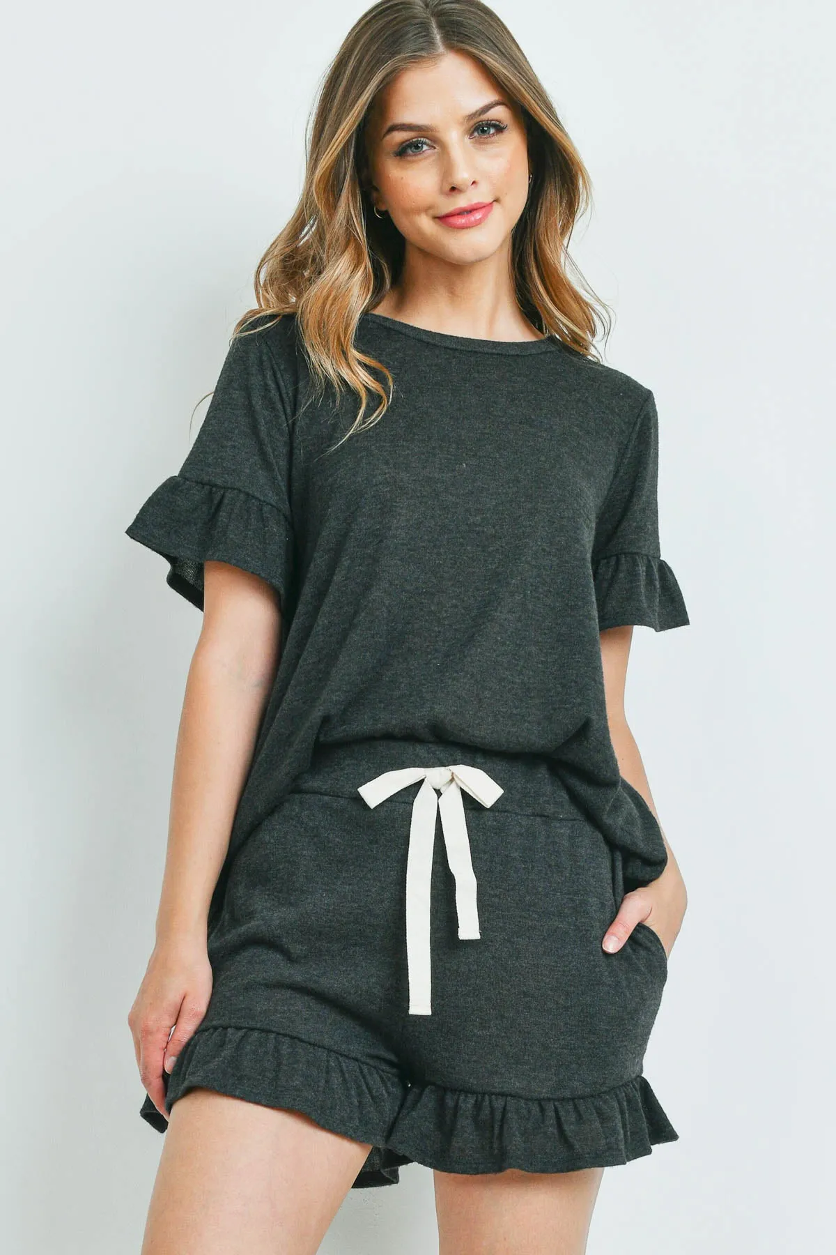 Solid Ruffle Top and Shorts Set With Self Tie