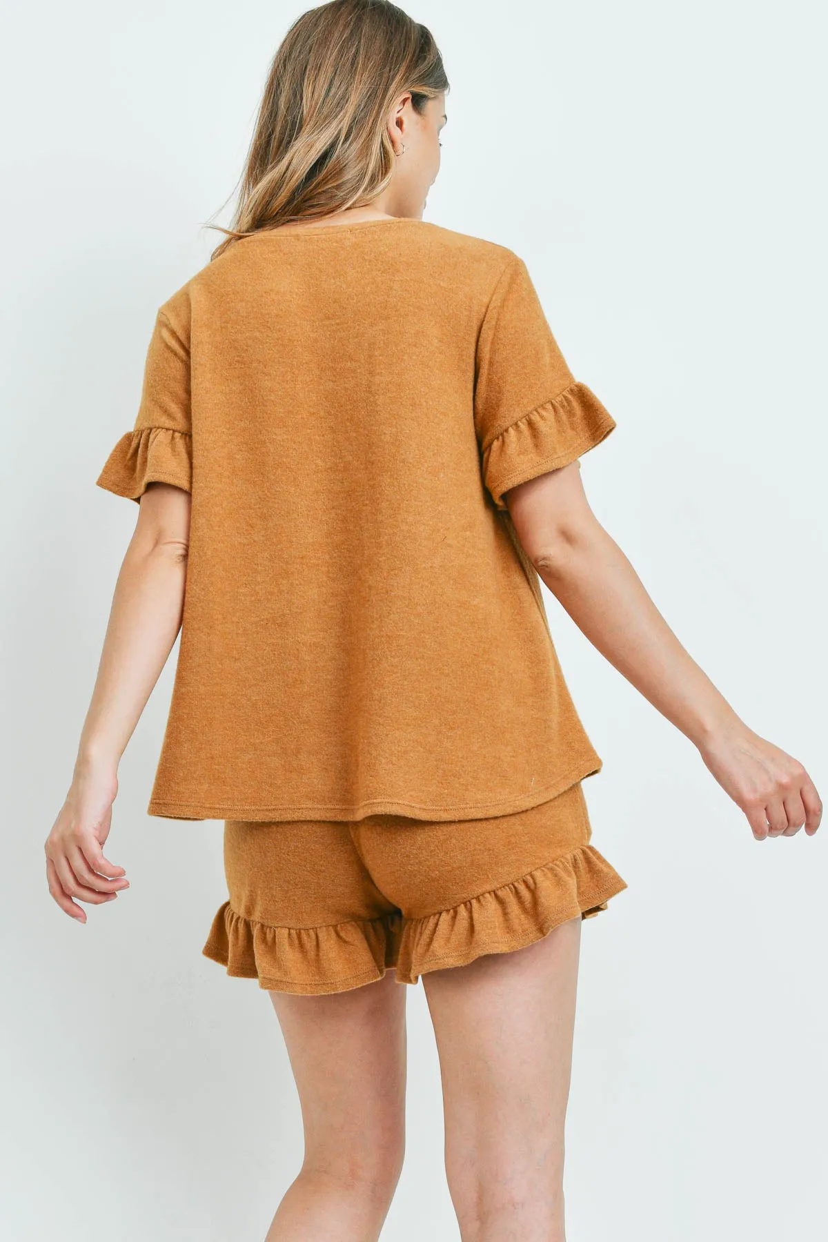 Solid Ruffle Top and Shorts Set With Self Tie