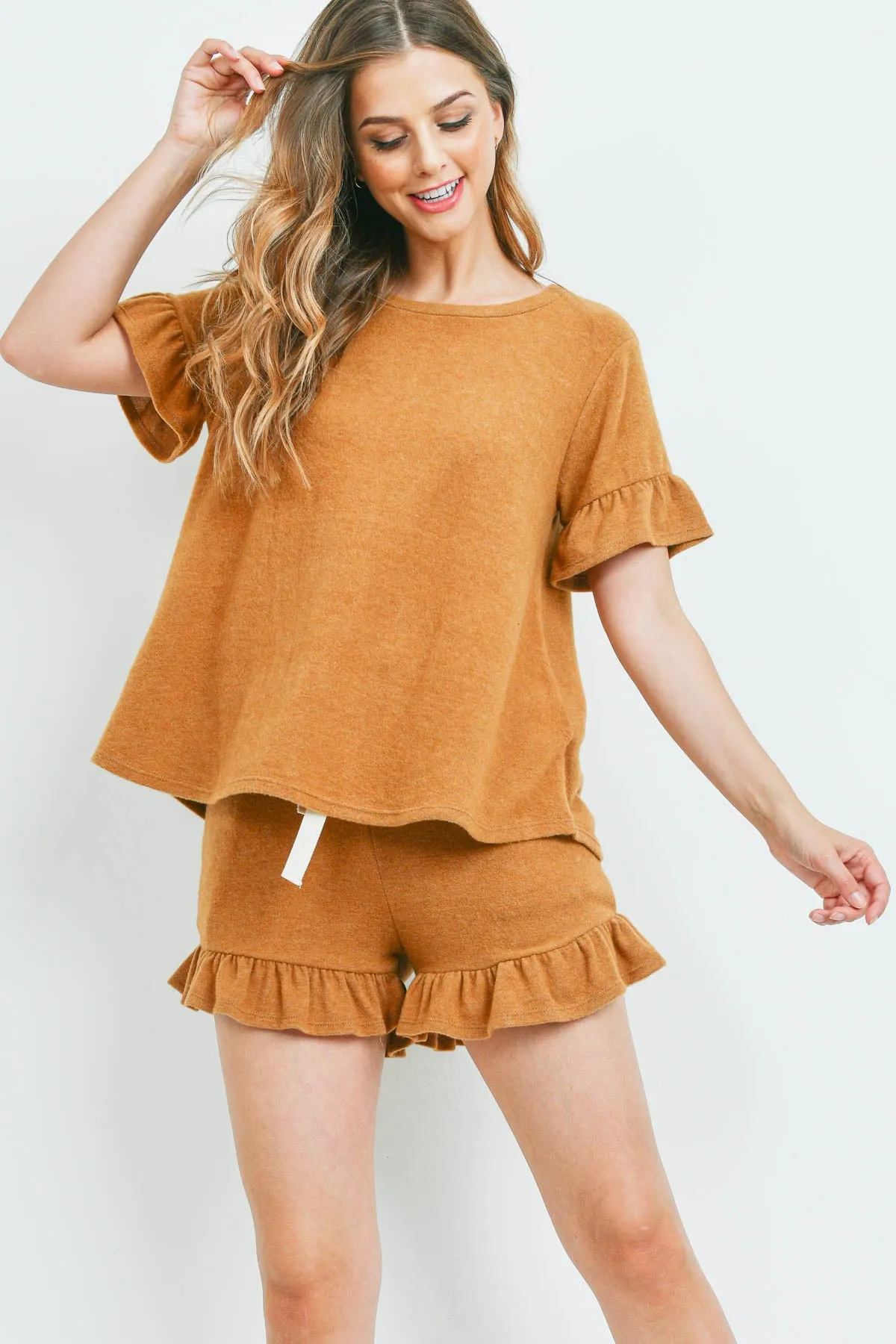 Solid Ruffle Top and Shorts Set With Self Tie