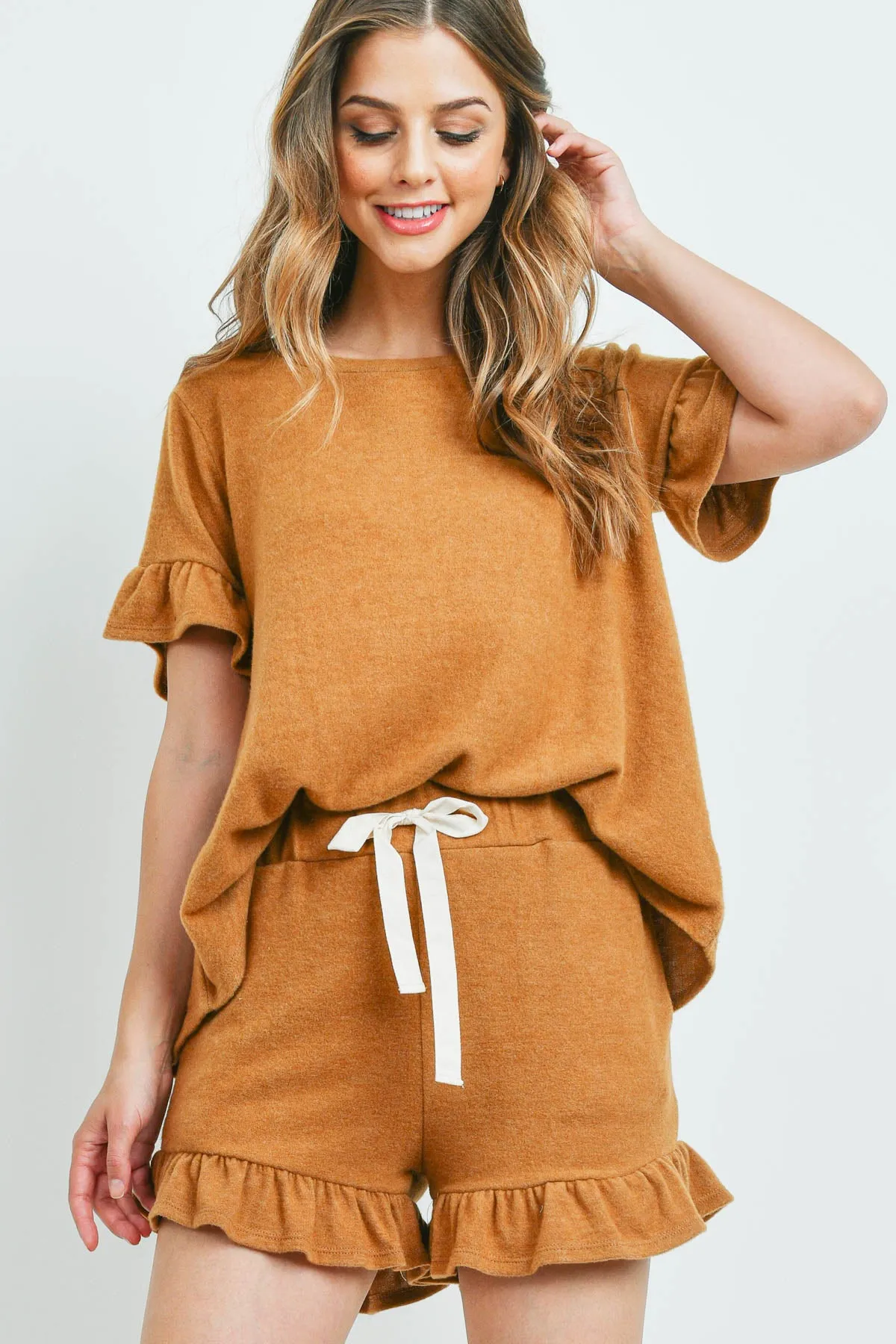 Solid Ruffle Top and Shorts Set With Self Tie