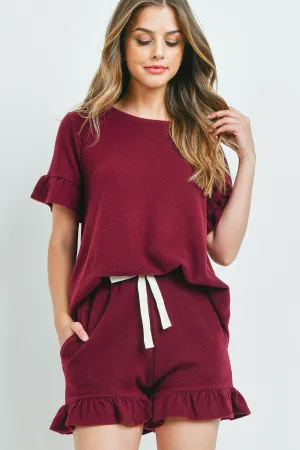 Solid Ruffle Top and Shorts Set With Self Tie