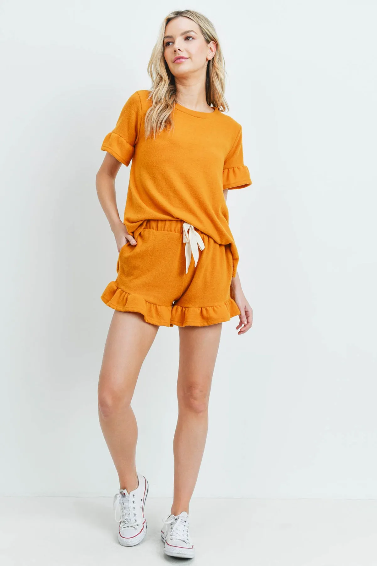 Solid Ruffle Top and Shorts Set With Self Tie