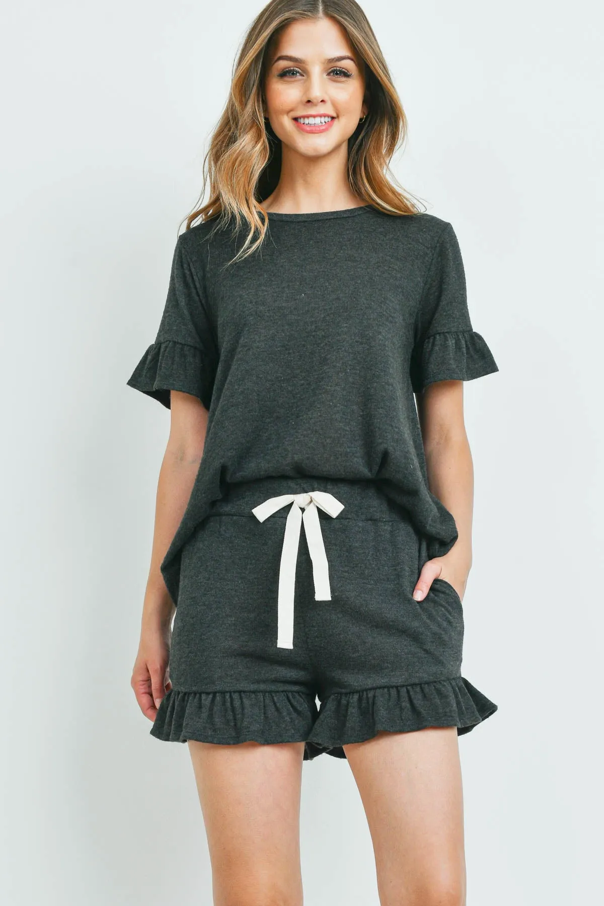 Solid Ruffle Top and Shorts Set With Self Tie