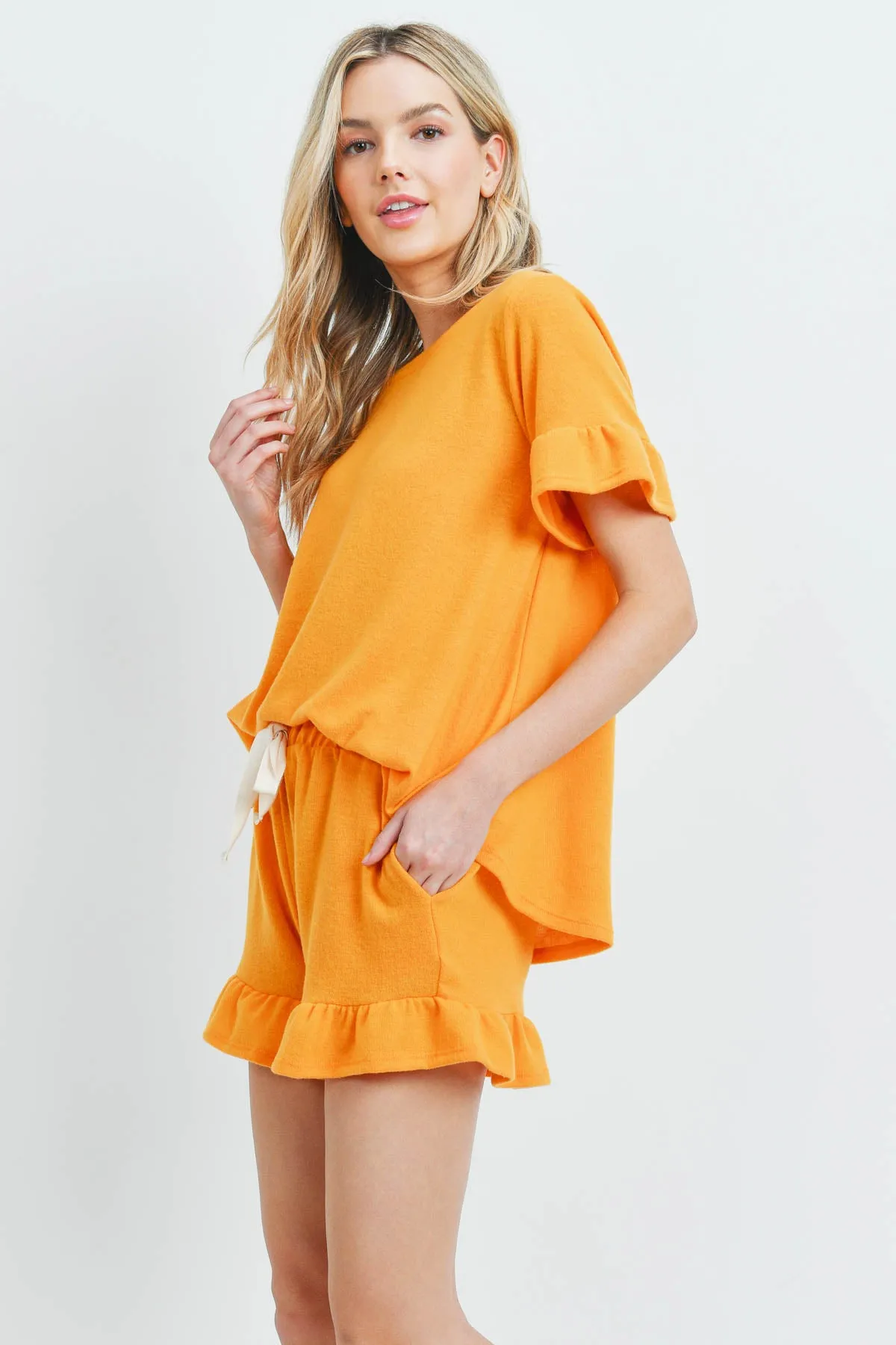 Solid Ruffle Top and Shorts Set With Self Tie