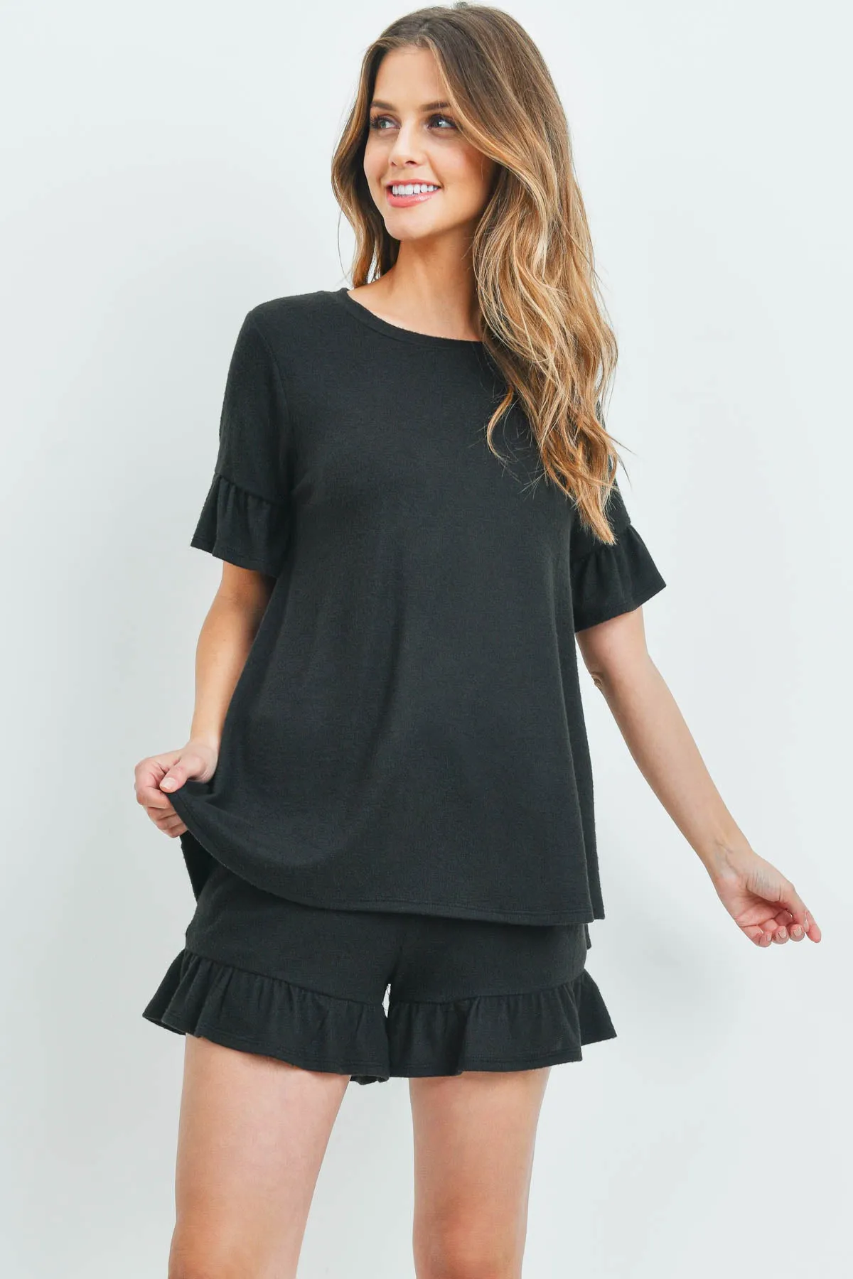 Solid Ruffle Top and Shorts Set With Self Tie