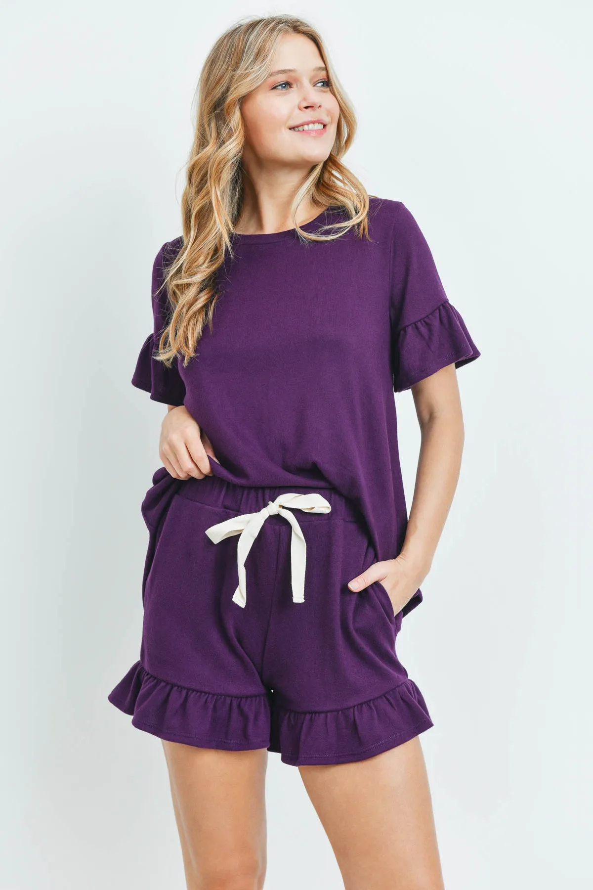 Solid Ruffle Top and Shorts Set With Self Tie